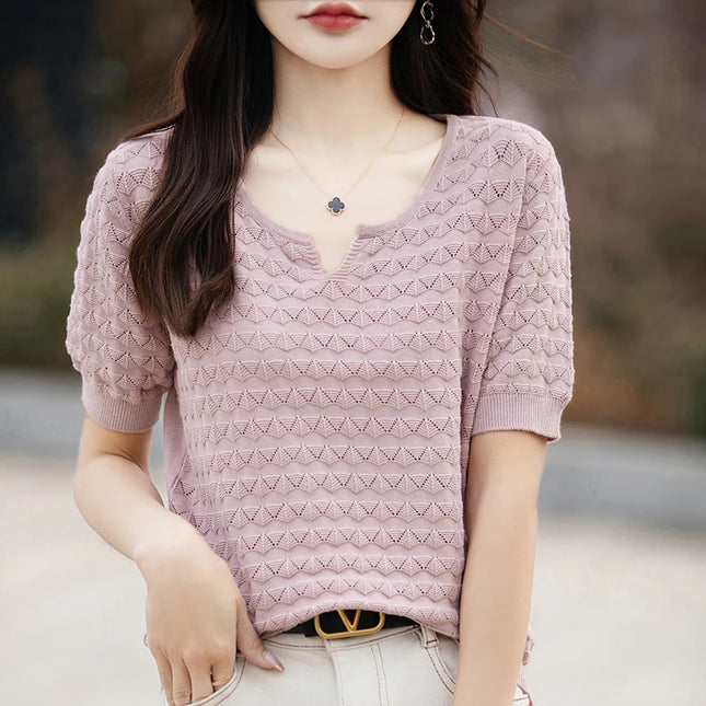 Women Pure Cotton Tee Summer Breathable V Neck Loose Fit by zapcart