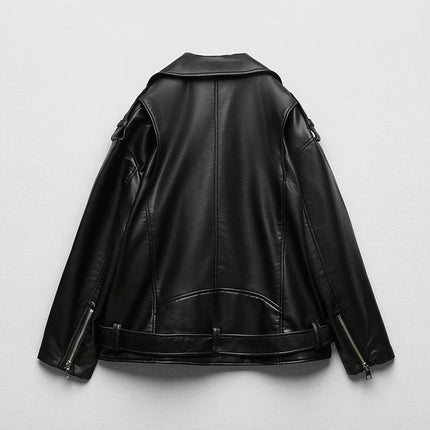 Ailegogo Women Belted PU Faux Leather Motorcycle Jacket by zapcart