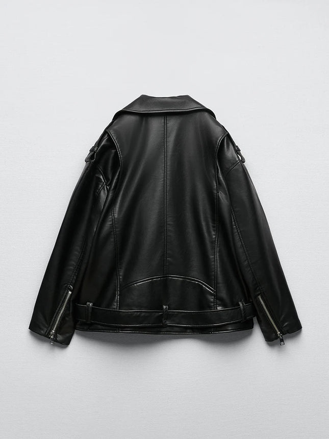 Ailegogo Women Belted PU Faux Leather Motorcycle Jacket by zapcart