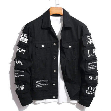 LVCCCI Men's Y2K Denim Jacket With Patches Stylish Fit by zapcart