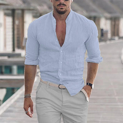 King Billion Men Cotton Linen Mandarin Collar Shirt Loose by zapcart