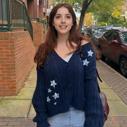 Navy Knitted Cardigans For Women With Star Embroidery Chic by zapcart