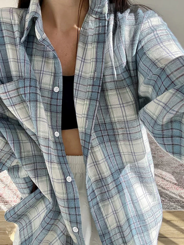 Mumaroho 2024 Women Autumn Plaid Shirt Oversized Blouse by zapcart