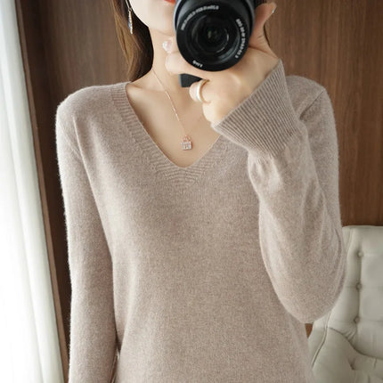 Women V Neck Knit Sweater Slim Fit Soft Knitwear Winter by zapcart