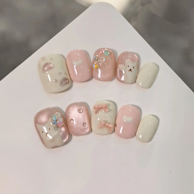 Handmade Press On Nails Cat Eye Pink Bouquet Bow For Women by zapcart