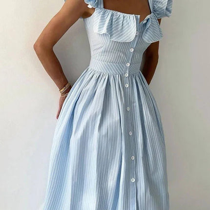 Flying Sleeve Striped Slip Dress Waist Cinching Chic Women by zapcart