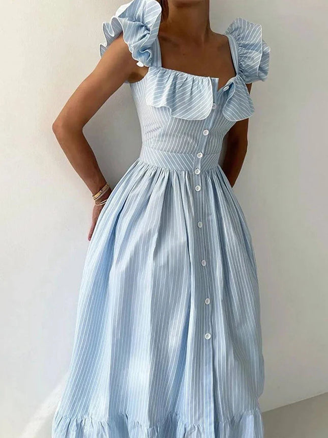 Flying Sleeve Striped Slip Dress Waist Cinching Chic Women by zapcart