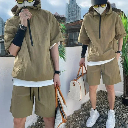 Fujian Mens Summer Cargo Set Hooded Tee Shorts High Quality by zapcart