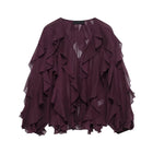 Tangada Women Wine Red Ruffles Shirt Oversized Long Sleeve by zapcart