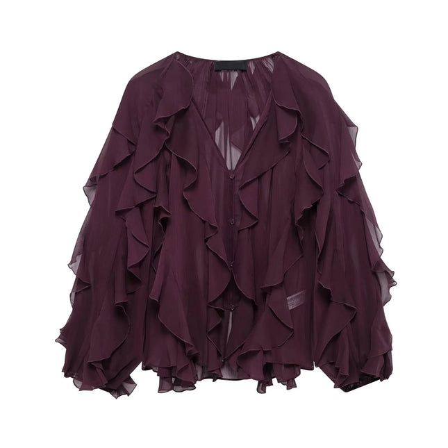 Tangada Women Wine Red Ruffles Shirt Oversized Long Sleeve by zapcart