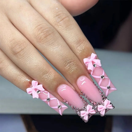 Extra Long Press On Nails Glue Included Bear Bow For Women by zapcart