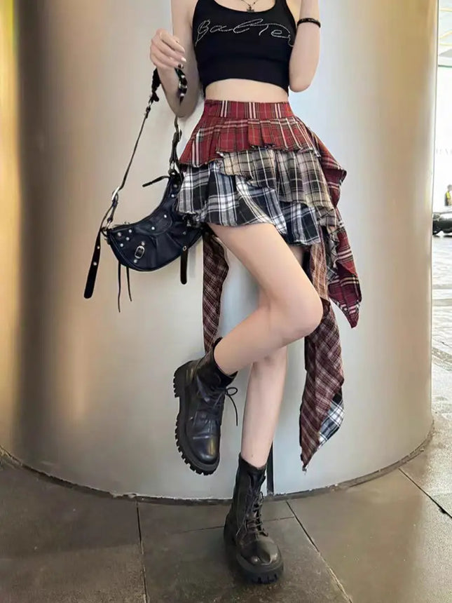 Y2K Plaid Patchwork Tassel Mini Skirt For Women Summer 2024 by zapcart