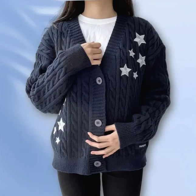 Navy Knitted Cardigans For Women With Star Embroidery Chic by zapcart