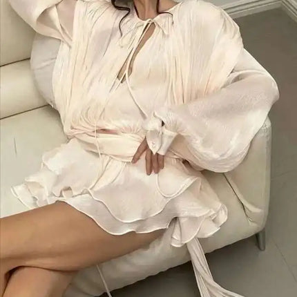 Beige Lace Up Mini Dress For Women P7WI V Neck Long Sleeve by zapcart