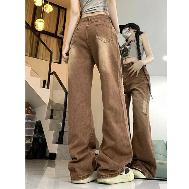 Women Y2K Ripped High Waist Jeans Vintage Washed Pockets by zapcart