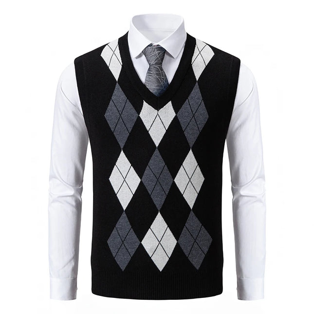 Mens Sleeveless Sweater Vest Plaid Knit Autumn ENWEIGECN by zapcart