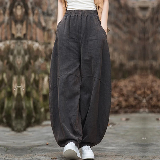 RateWincn Women Cotton Linen Baggy Cargo Pants Elastic Waist by zapcart