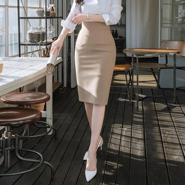 Women Khaki Midi Work Skirt With Slit And High Waist Office by zapcart
