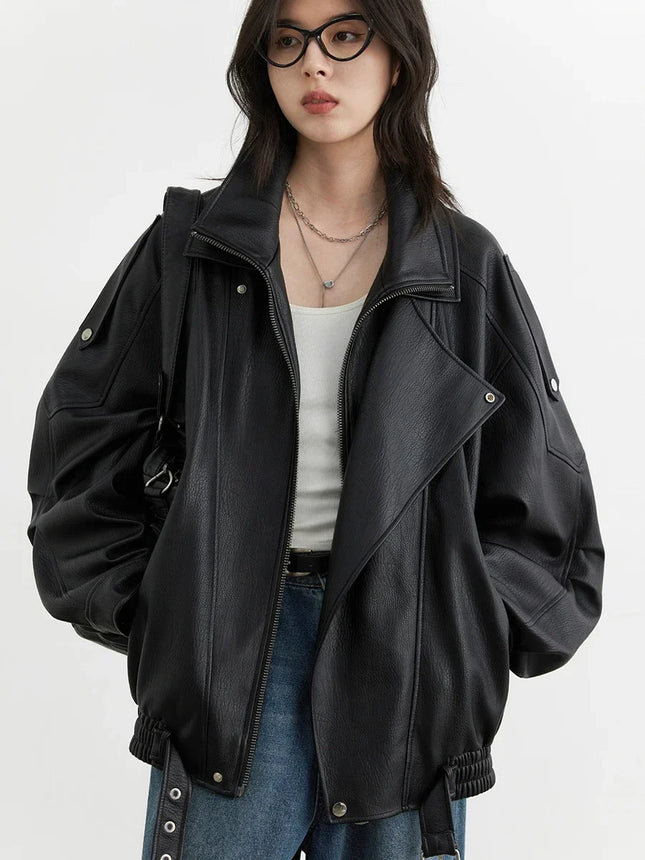 Chic Ven PU Jacket Women Retro Motorcycle Faux Leather Coat by zapcart