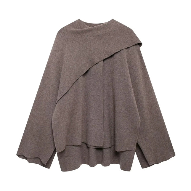 ZBZA Women Asymmetric Scarf Knitted Jacket Warm Outerwear by zapcart