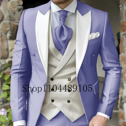 CN Jiangsu Men Slim Fit Wedding Three Piece Suit Peak Lapel by zapcart