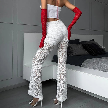 Women's Sexy High Waisted Wide Leg Pants Elastic Waist Lace by zapcart