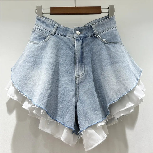 WTHT Patchwork Denim Shorts Women High Waist Summer Trendy by zapcart
