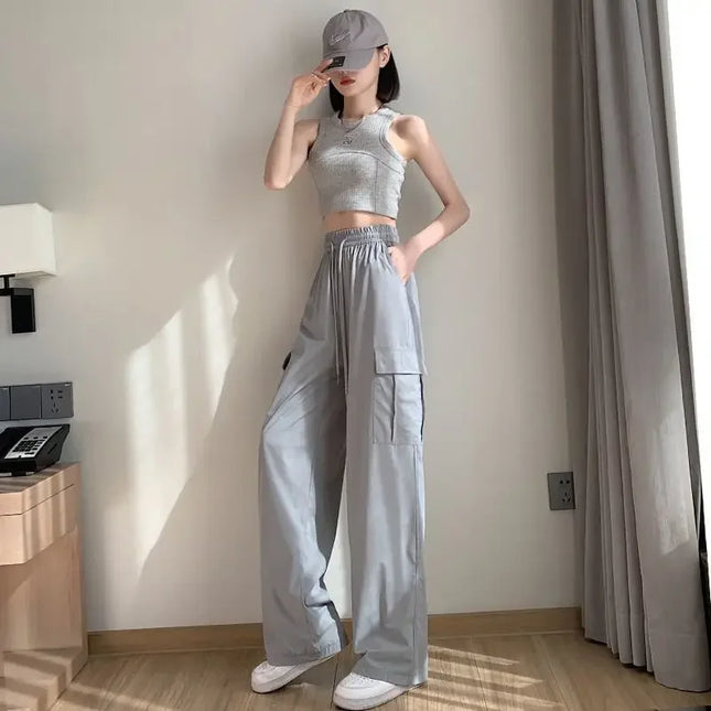 Summer Cargo Pants For Women Ice Silk Wide Leg High Waist by zapcart