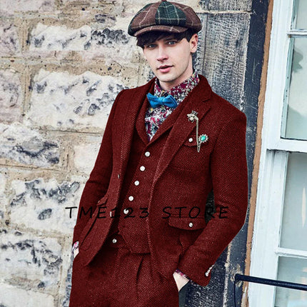 Mens Herringbone Wool 3 Piece Suit By CN Jiangsu Slim Fit by zapcart