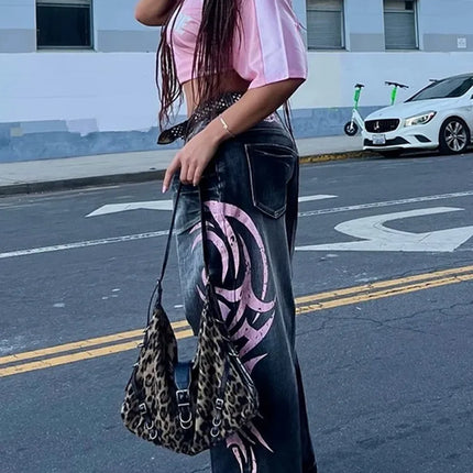 Cyber Y2K Streetwear Graphic Baggy Ripped Jeans For Women by zapcart