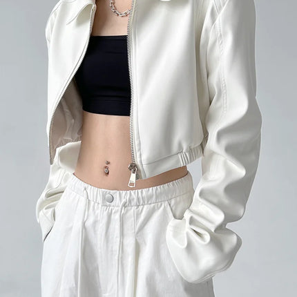 PU Leather Women Crop Jacket Black Zipper Retro Streetwear by zapcart