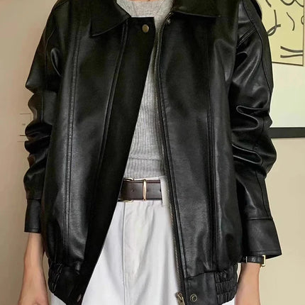 PU Leather Biker Jacket Women Loose Fit Vintage Style by zapcart