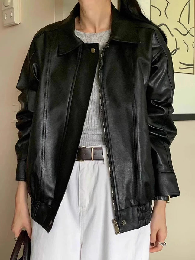 PU Leather Biker Jacket Women Loose Fit Vintage Style by zapcart