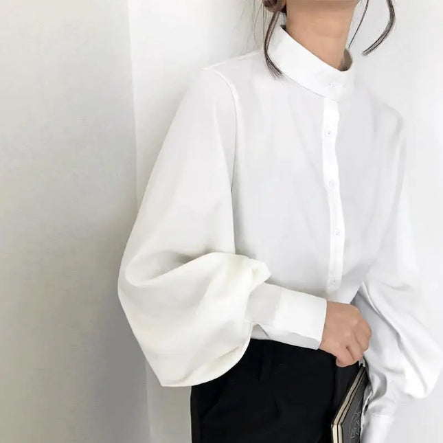 FSMG Women Vintage Shirt Stand Collar Lantern Sleeves Black by zapcart