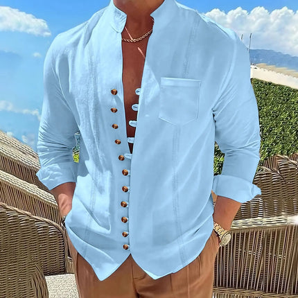 Jiangxi CN Mens Cotton Linen Retro Shirt Stand Collar by zapcart