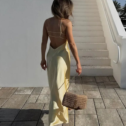 Yellow Satin Sling Maxi Dress Women Backless Evening Gown by zapcart