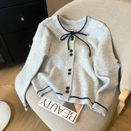 Women's Lace Up Bow Cardigan Sweater Single Breasted CN by zapcart