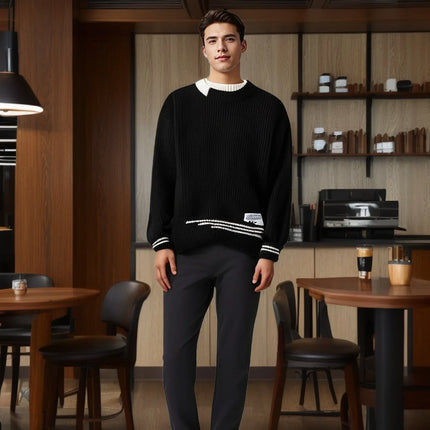 Wetailor Mens Retro Color Twist Knit Sweater Loose Fit by zapcart