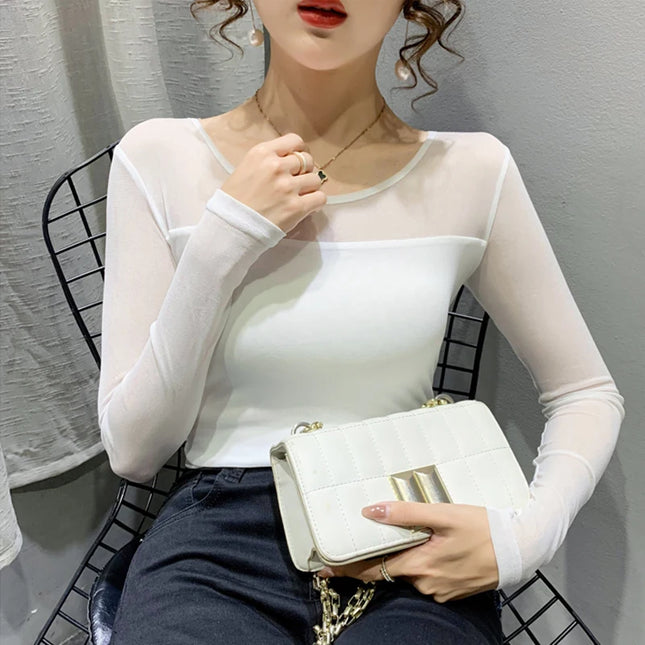 Women Mesh Round Neck Top Long Sleeve Slim Fit Autumn Chic by zapcart