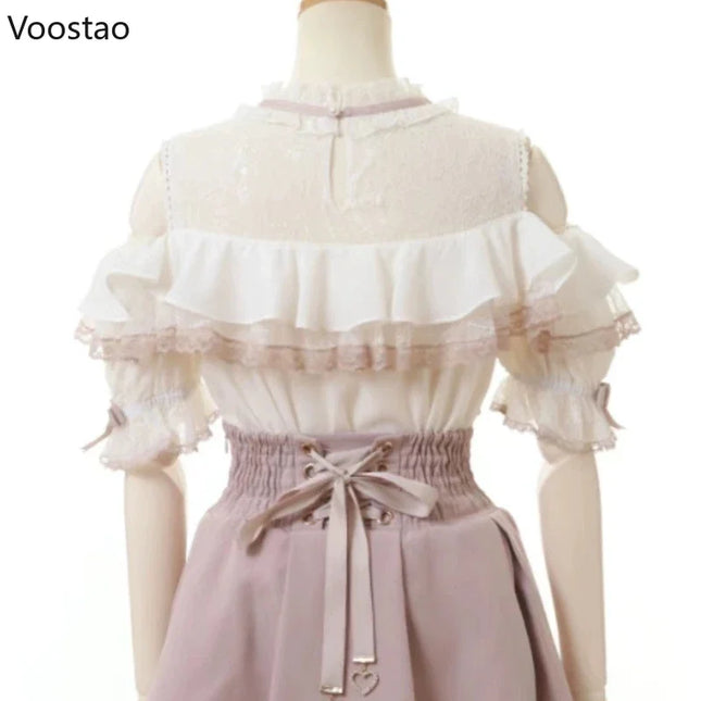 Japanese Lolita Blouse Off Shoulder With Heart Bow Women by zapcart