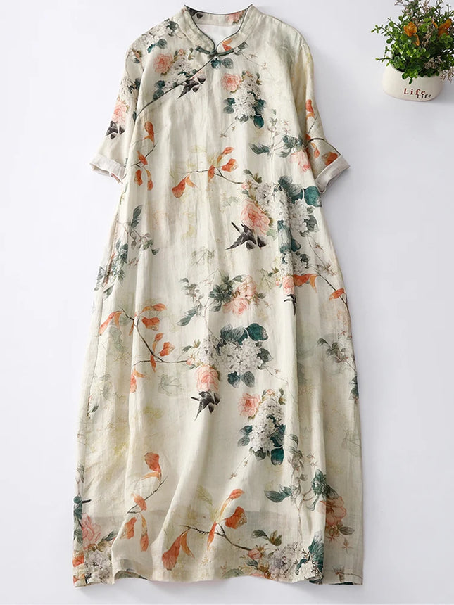 HELELYNCN Bohemian Midi Women Dress Buttons Stand Collar by zapcart