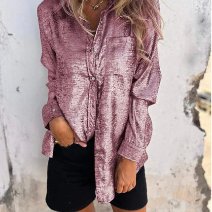 Shinny Golden Long Sleeve Blouse For Women Vintage Loose by zapcart