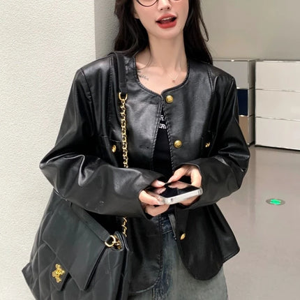 Black PU Leather Jacket For Women Short Spring Korean Chic by zapcart