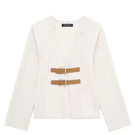 Trafza Women Leather Buckle Woolen Coat Beige Chic Warmth by zapcart