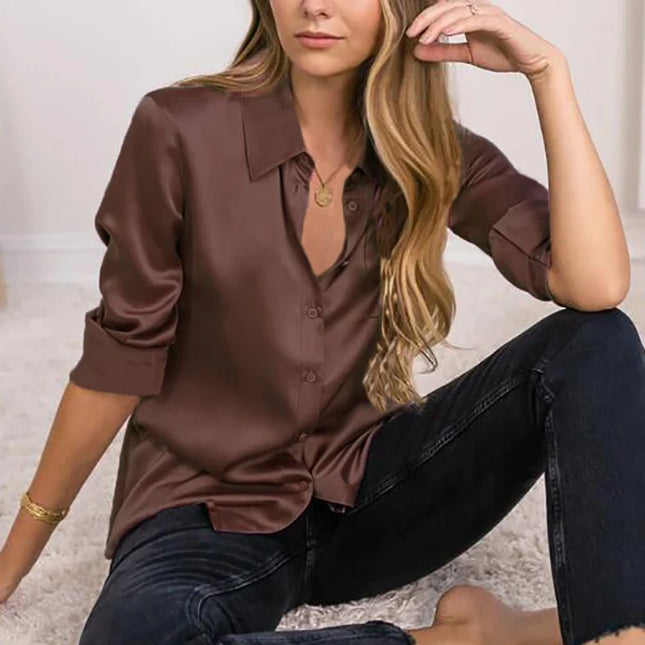 Elegant Women Silk Satin Blouse Long Sleeve Office Wear by zapcart