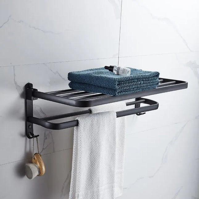 Matte Black 50CM Folding Holder With Hook Towel Holder Wall Mount AluminumTowel Rack by zapcart