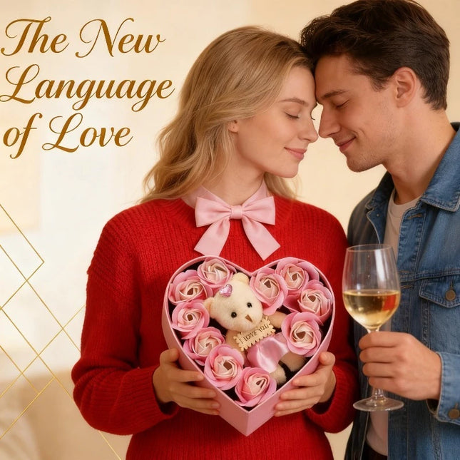 Valentine's Day 10 Floral Rose Artificial Flowers with 1 Bear in Gift Box for Girlfriend Wife Wedding Home Party Decor by zapcart