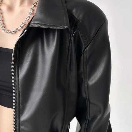 PU Leather Women Crop Jacket Black Zipper Retro Streetwear by zapcart