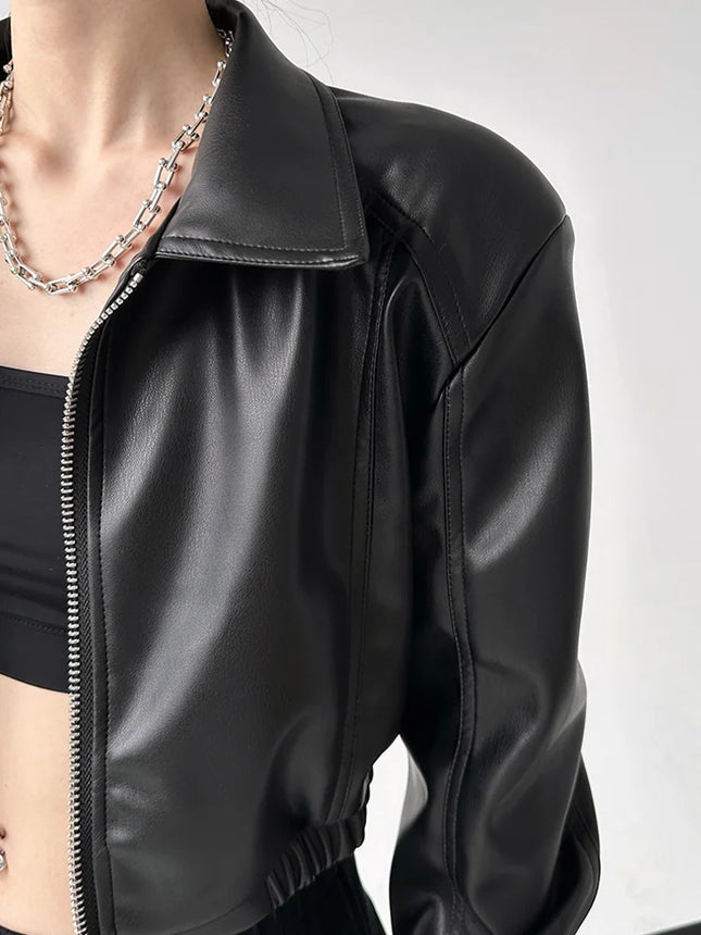 PU Leather Women Crop Jacket Black Zipper Retro Streetwear by zapcart