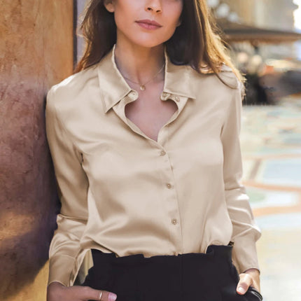Elegant Women Silk Satin Blouse Long Sleeve Office Wear by zapcart